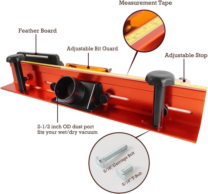 O'SKOOL 32 Inches Long Router Table Fence System with Feather Board, Bit Guard, Adjustable Stop and Dust Port - Image 2